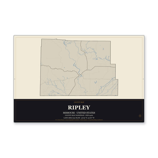 Ripley County, Missouri Map Aluminum Sign in Museum Plaque style