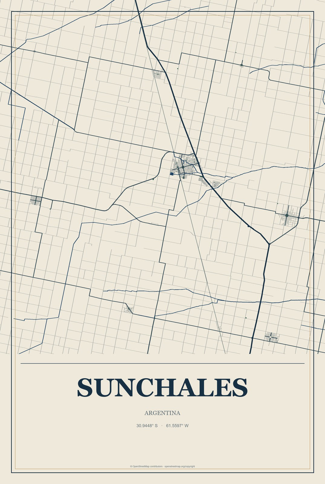 Sunchales, Argentina City Map Aluminum Sign in Coastal Cutout style