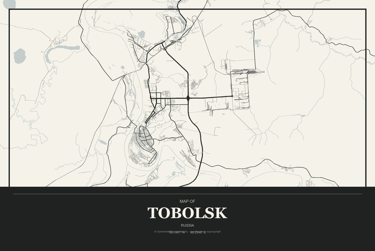 Tobolsk, Russia City Map Aluminum Sign in Museum Plaque style