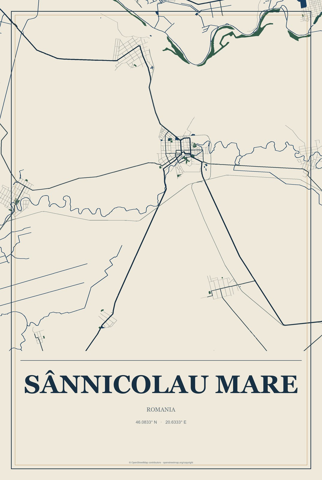 Sânnicolau Mare, Romania City Map Aluminum Sign in Coastal Cutout style