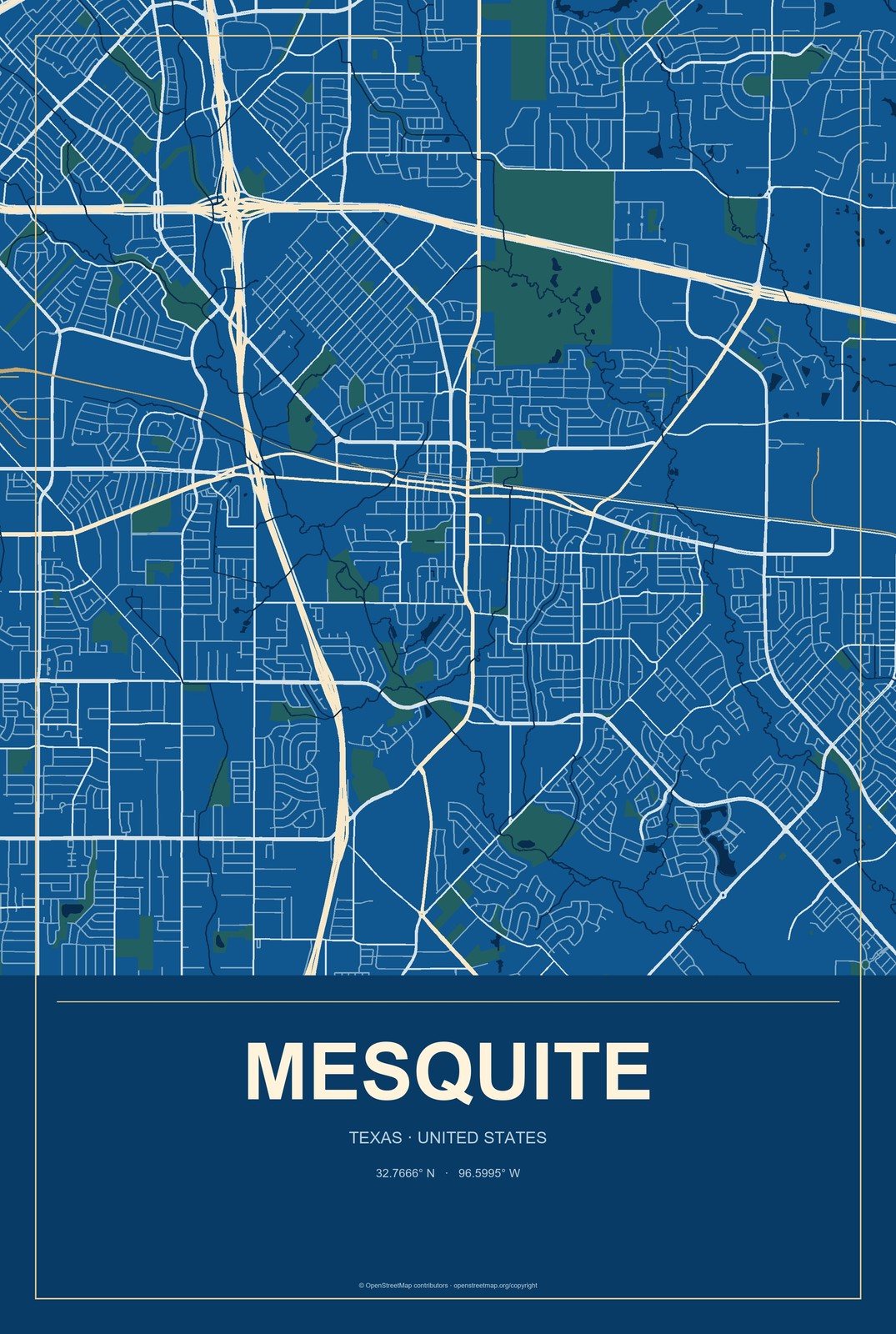 Mesquite, Texas City Map Aluminum Sign in Harbor Cobalt style