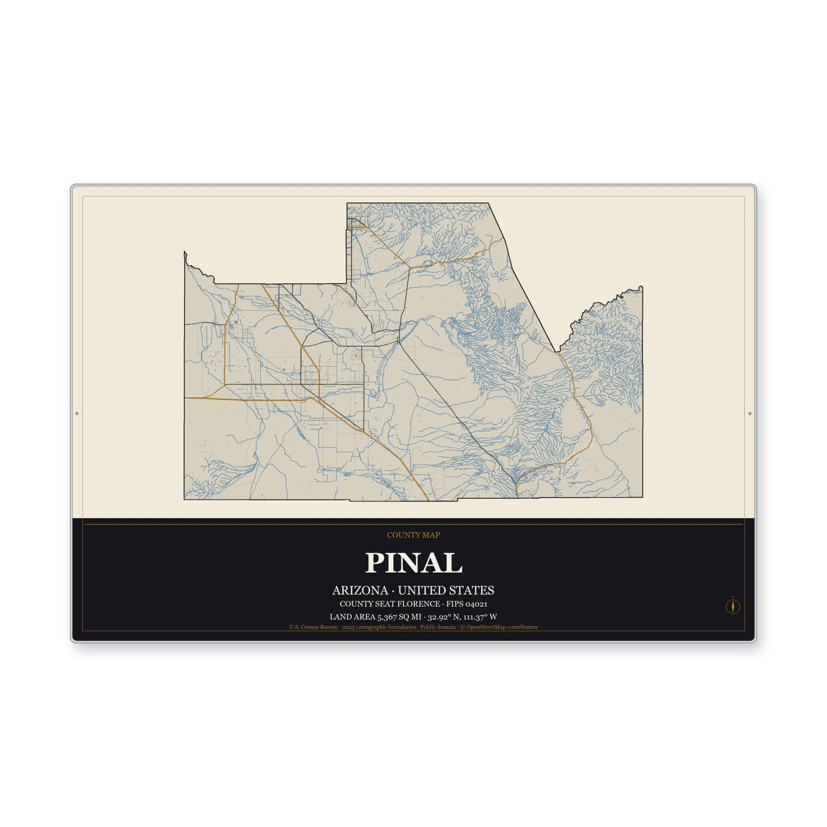 Pinal County, Arizona Map Aluminum Sign in Museum Plaque style