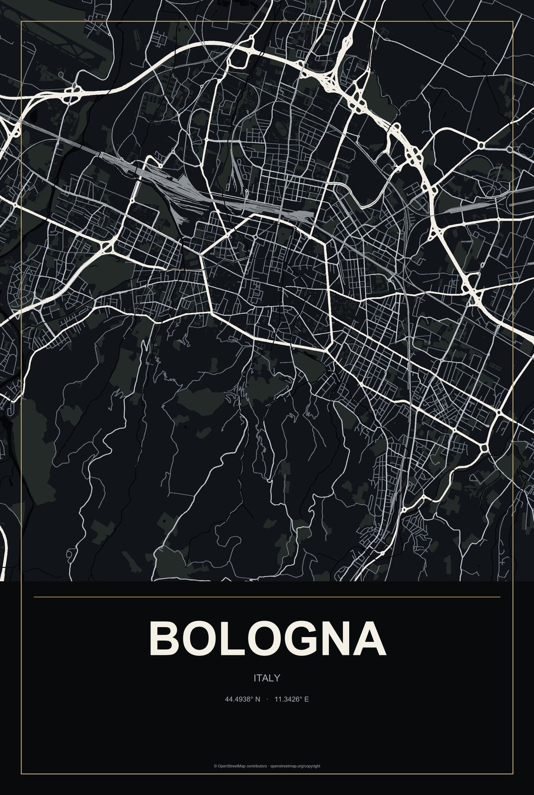 Bologna, Italy City Map Aluminum Sign in Metropolitan Noir style