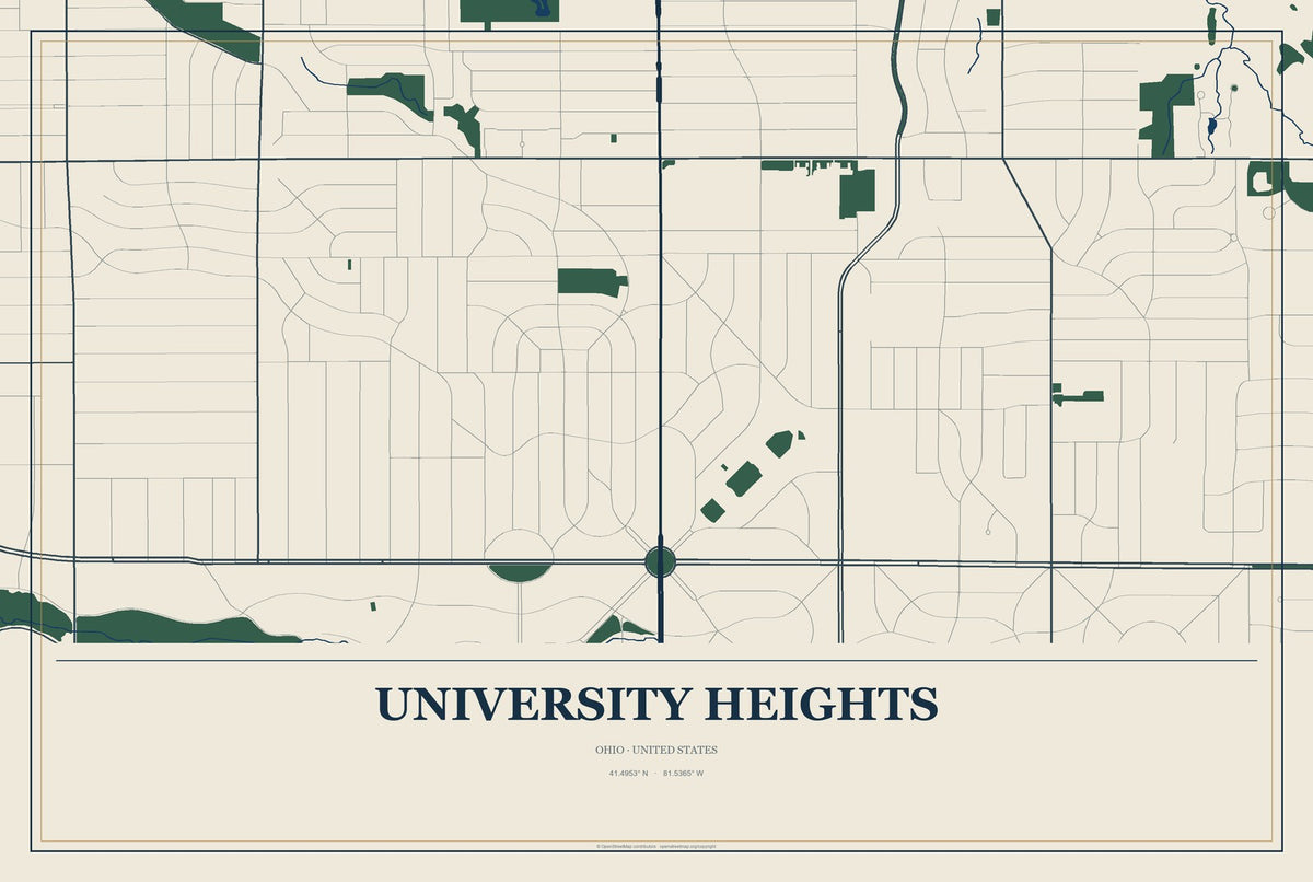 University Heights, Ohio City Map Aluminum Sign in Coastal Cutout style