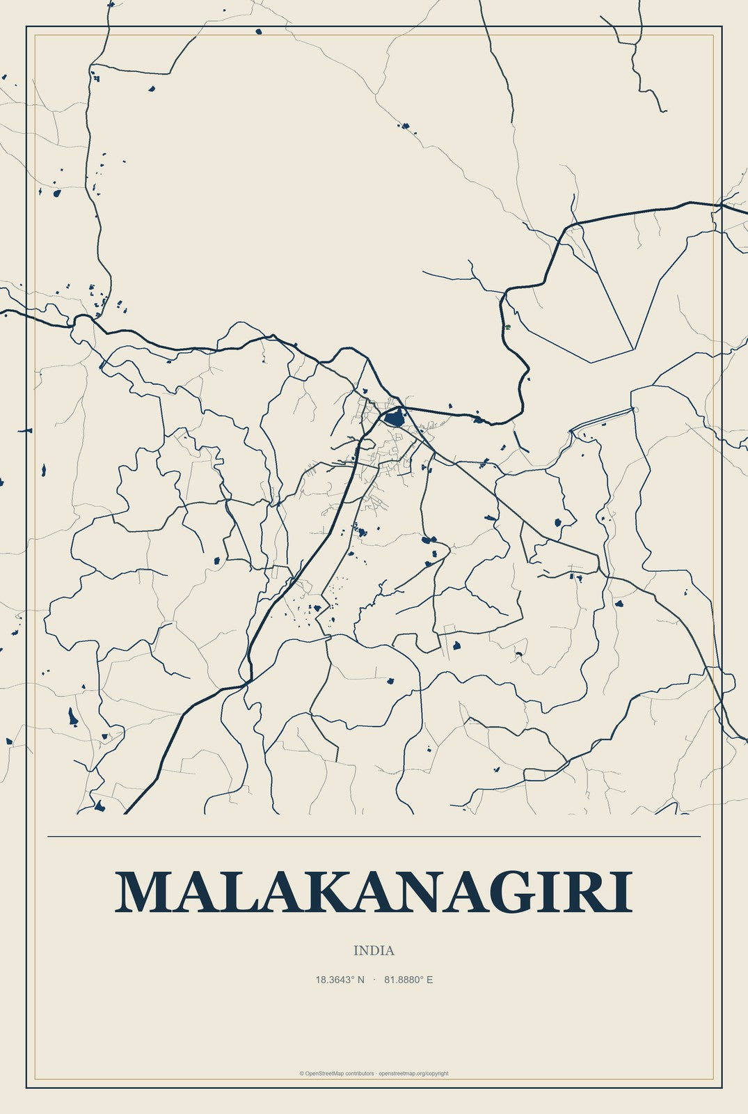 Malakanagiri, India City Map Aluminum Sign in Coastal Cutout style