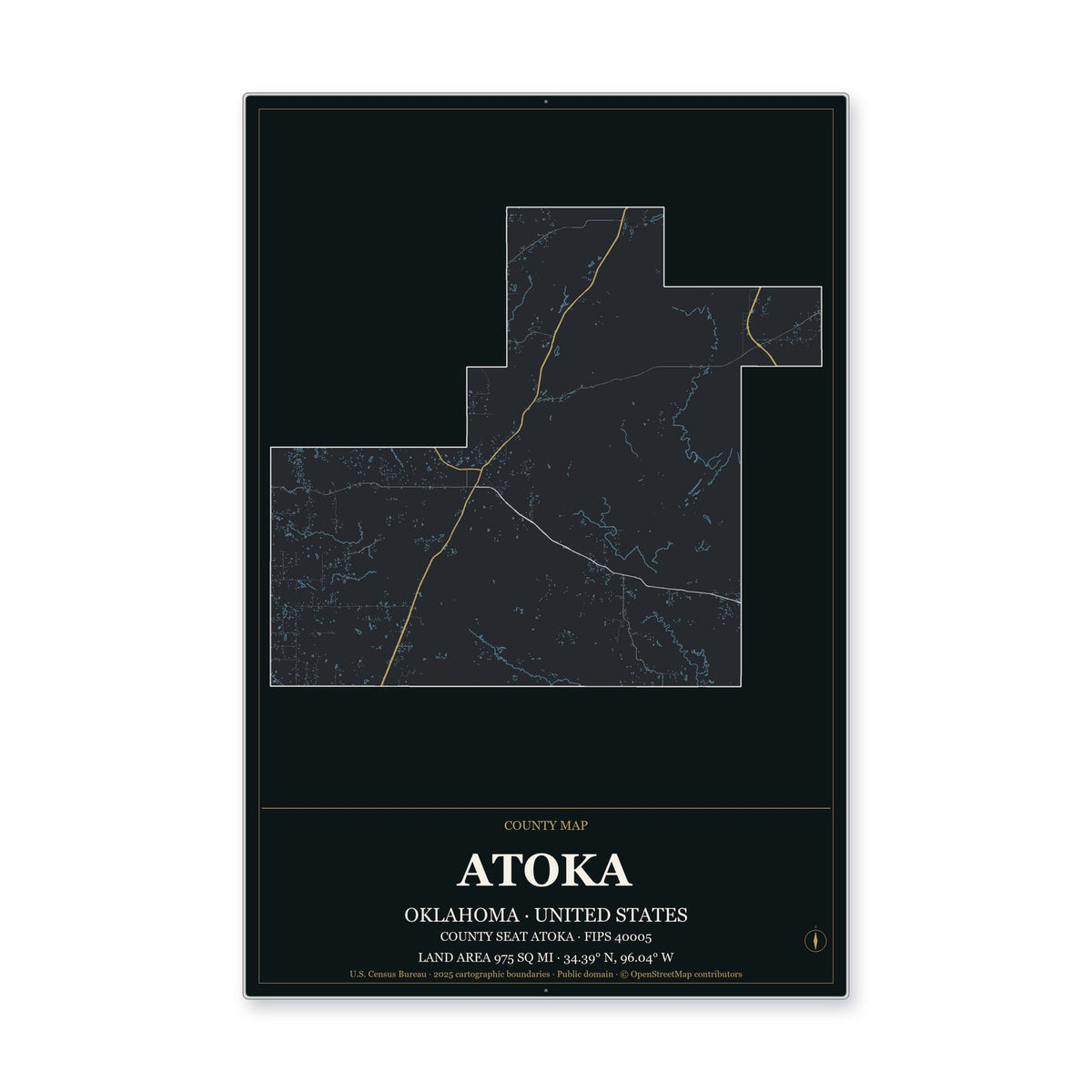 Atoka County, Oklahoma Map Aluminum Sign in Metropolitan Noir style