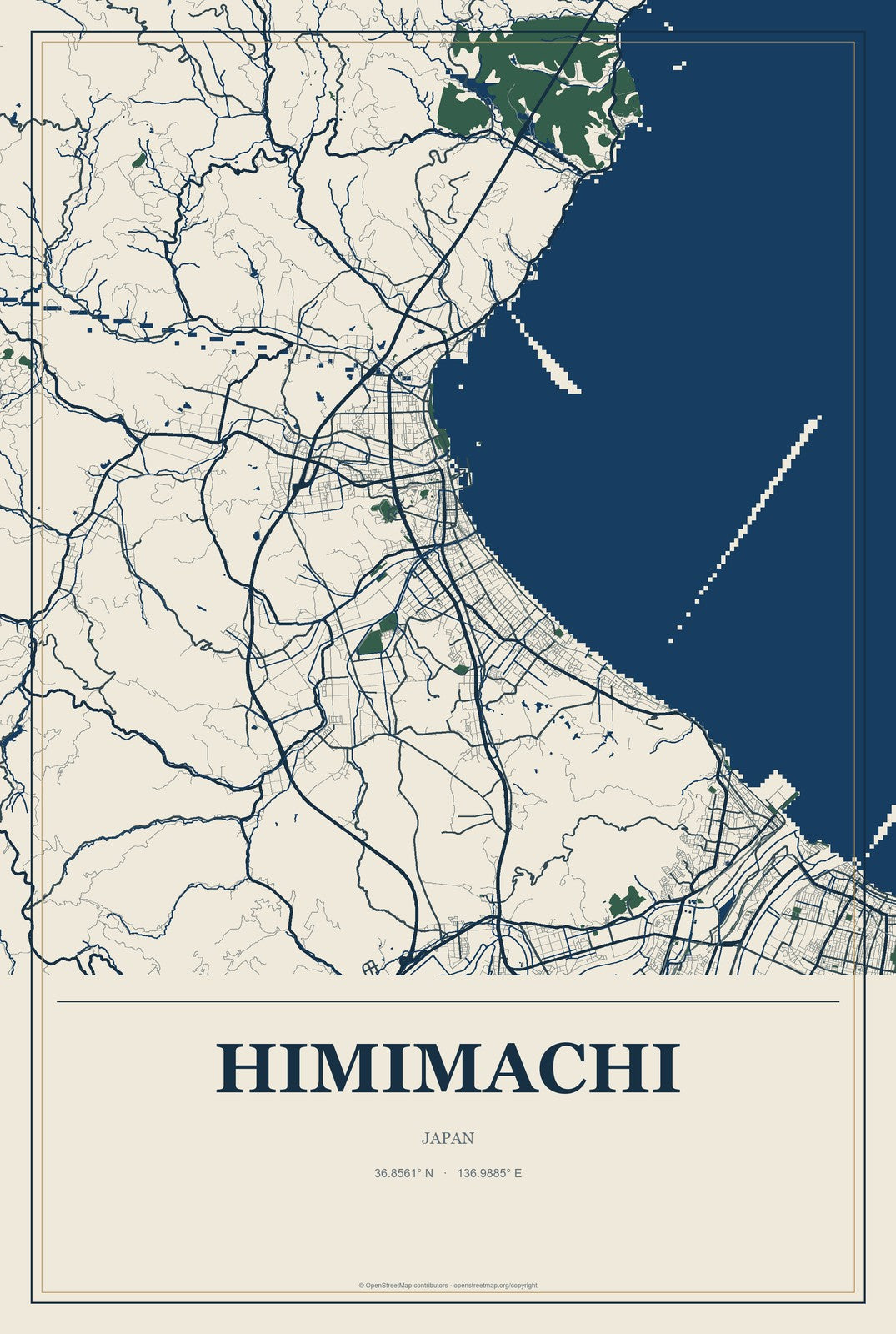 Himimachi, Japan City Map Aluminum Sign in Coastal Cutout style