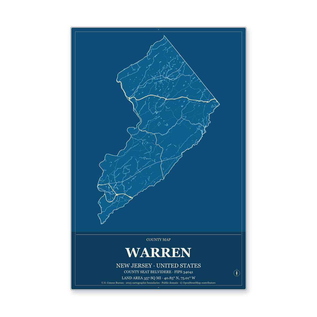 Warren County, New Jersey Map Aluminum Sign in Harbor Cobalt style