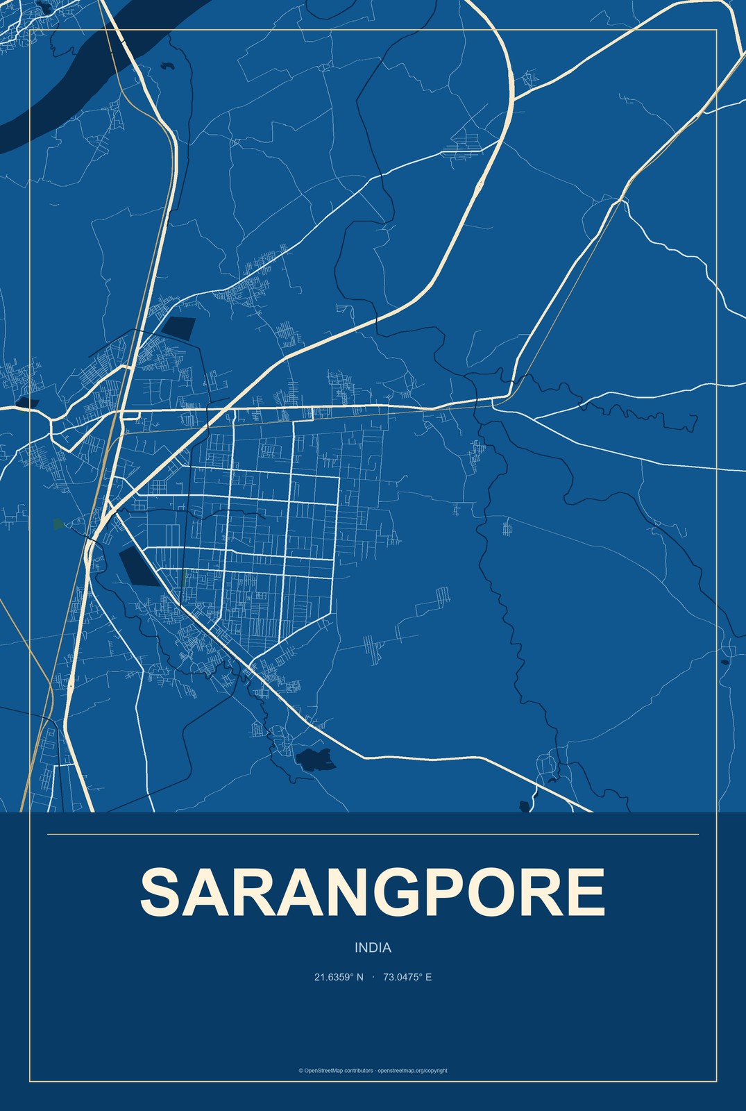 Sarangpore, India City Map Aluminum Sign in Harbor Cobalt style