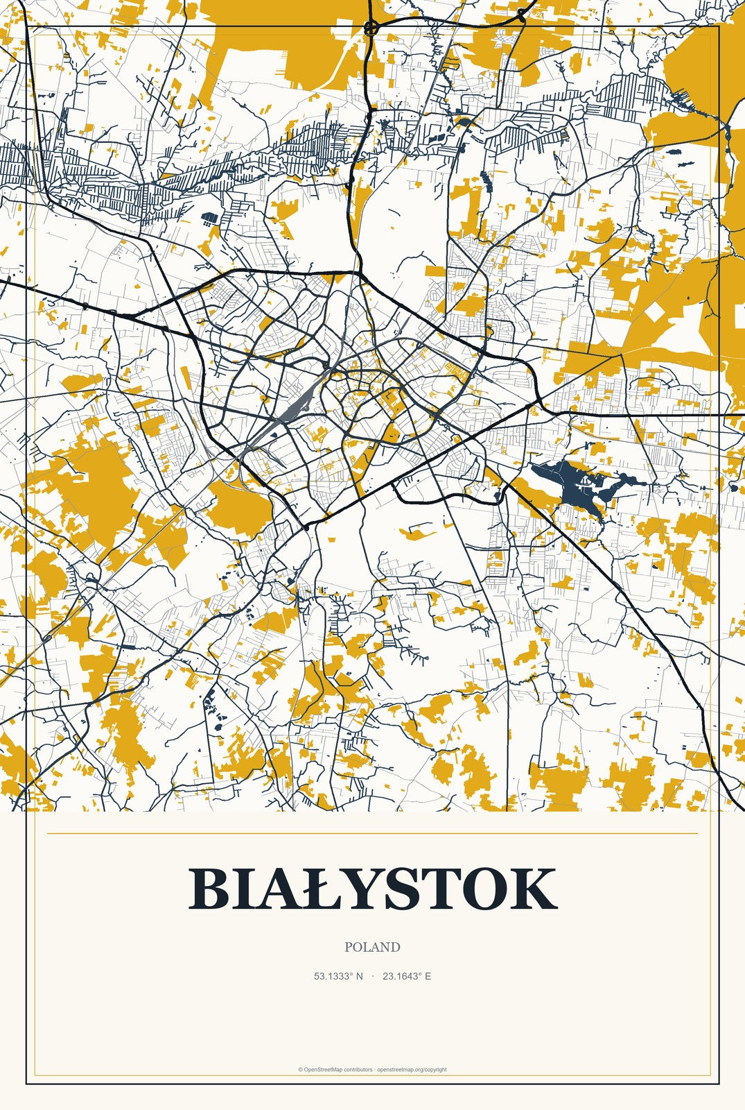 Białystok, Poland City Map Aluminum Sign in Citrine Modern style