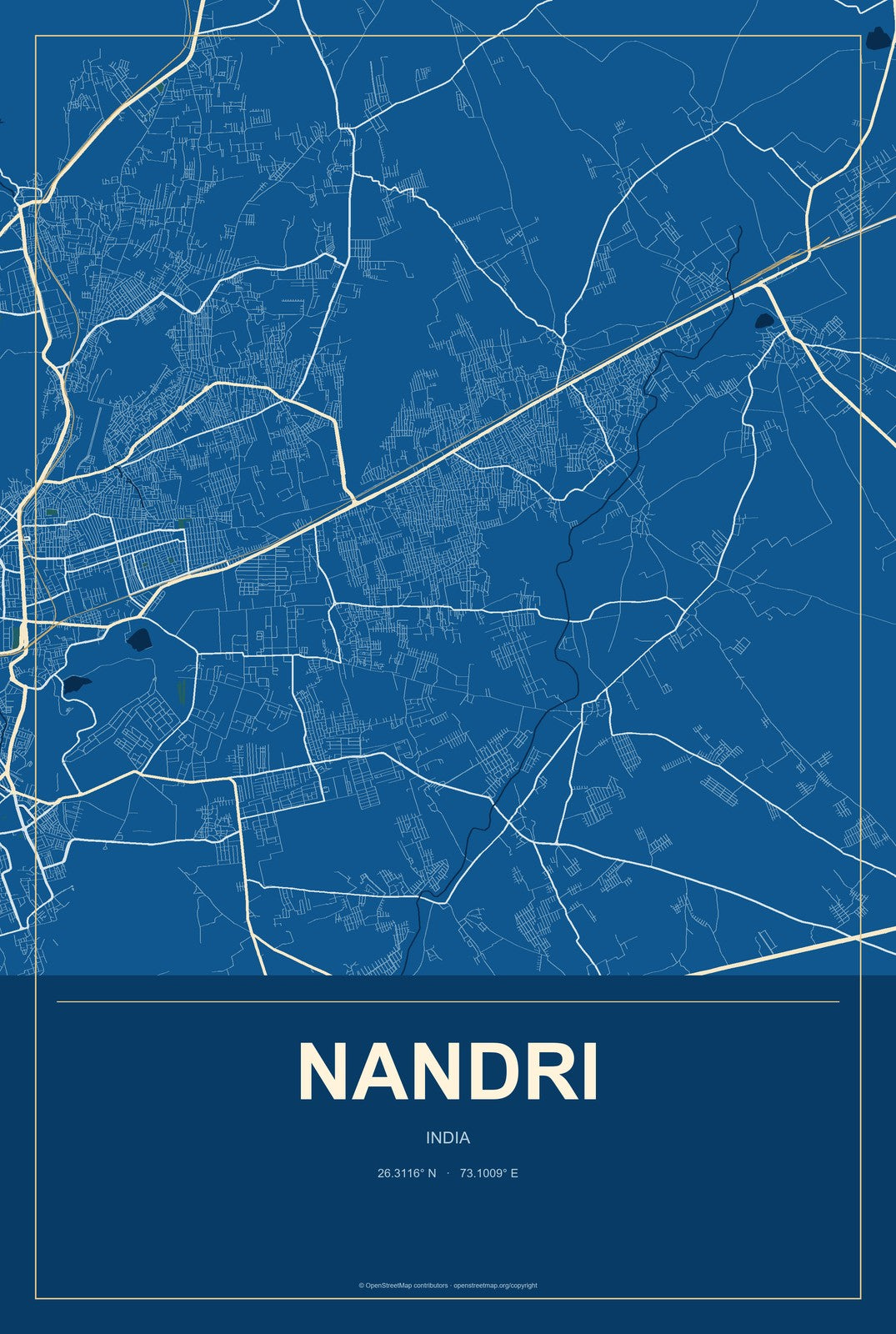 Nandri, India City Map Aluminum Sign in Harbor Cobalt style