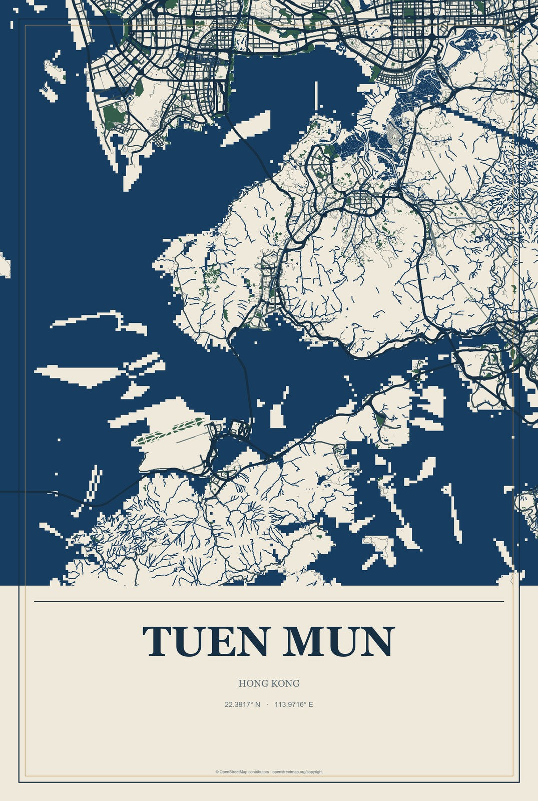 Tuen Mun, Hong Kong City Map Aluminum Sign in Coastal Cutout style