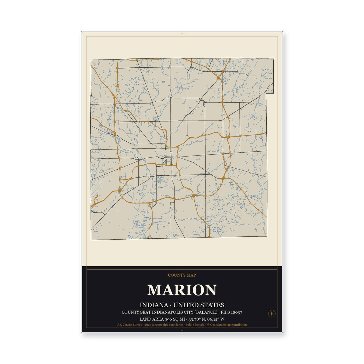Marion County, Indiana Map Aluminum Sign in Museum Plaque style