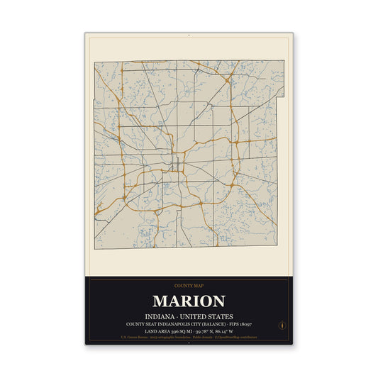 Marion County, Indiana Map Aluminum Sign in Museum Plaque style