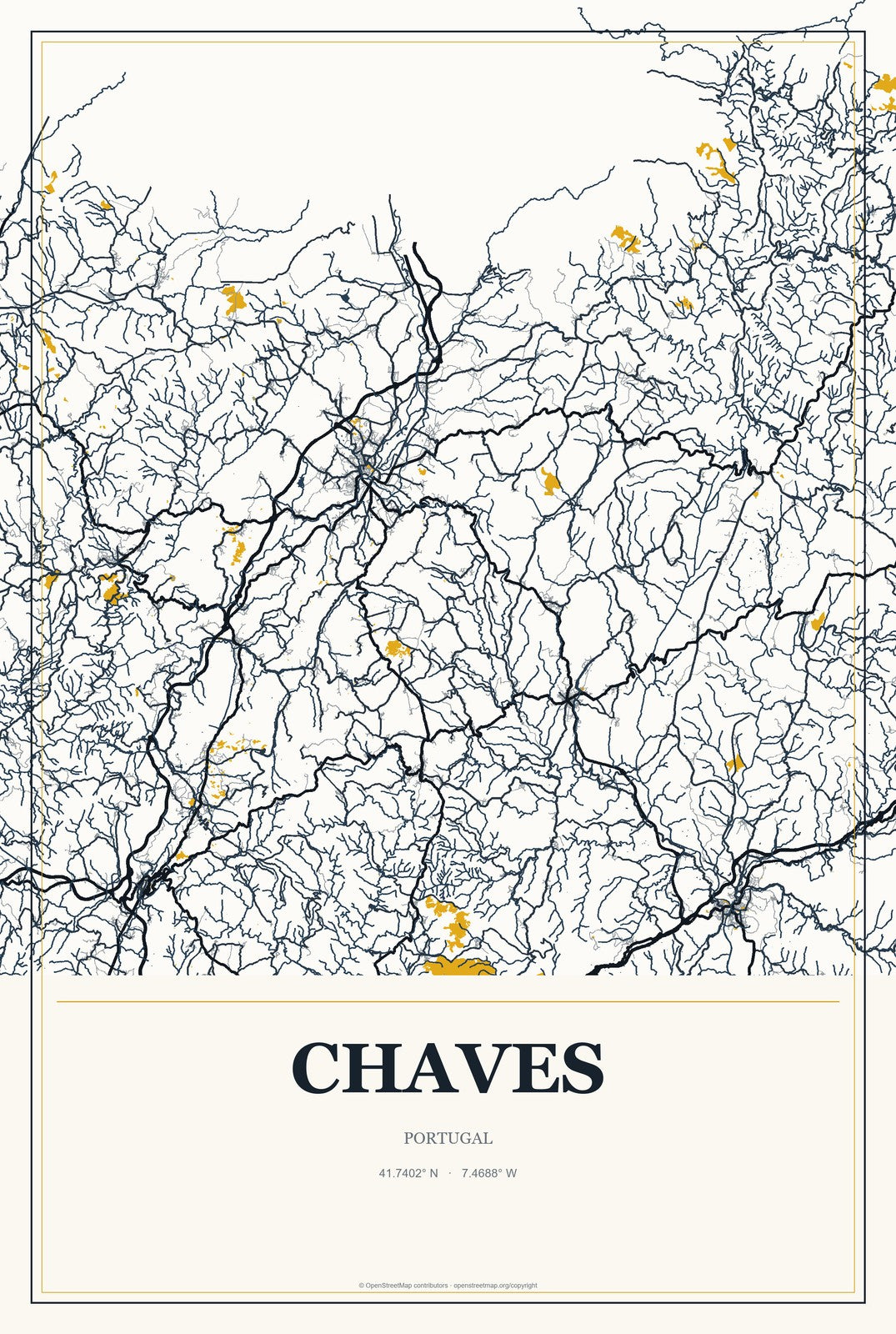 Chaves, Portugal City Map Aluminum Sign in Citrine Modern style