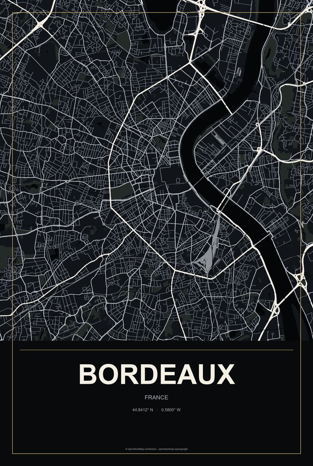 Bordeaux, France City Map Aluminum Sign in Metropolitan Noir style