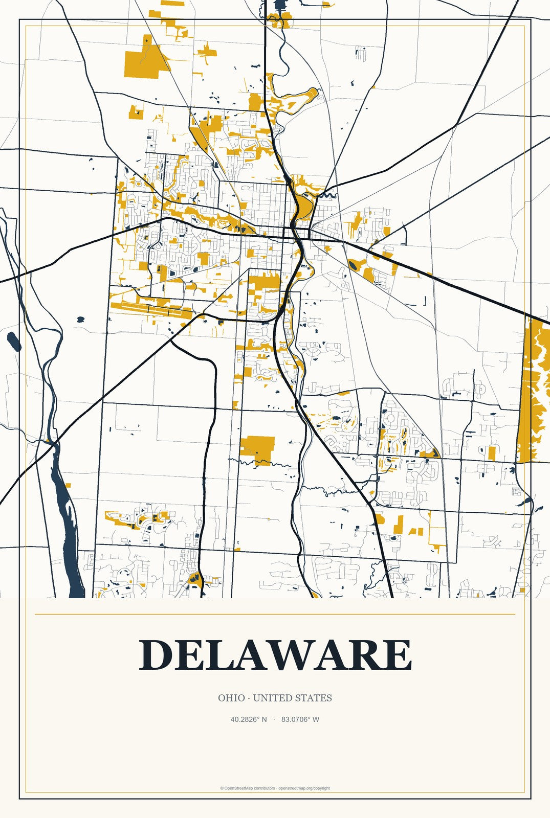 Delaware, Ohio City Map Aluminum Sign in Citrine Modern style
