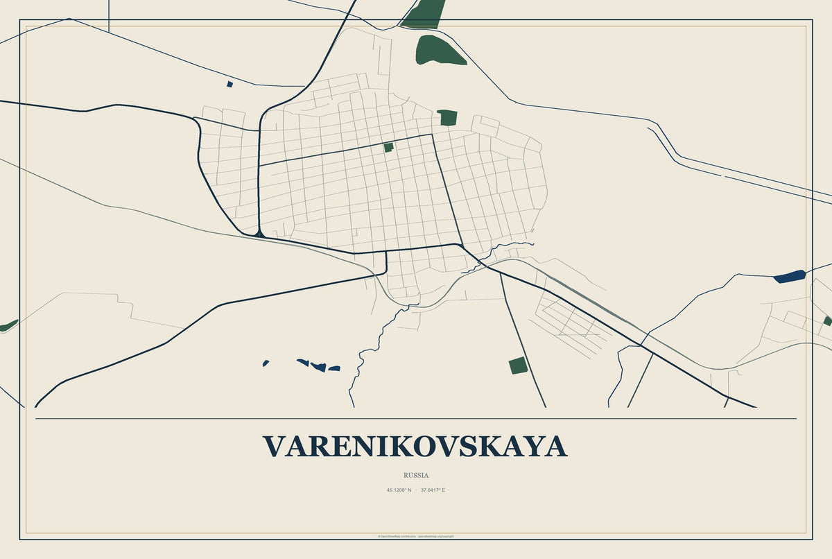 Varenikovskaya, Russia City Map Aluminum Sign in Coastal Cutout style