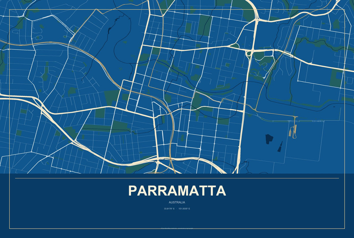Parramatta, Australia City Map Aluminum Sign in Harbor Cobalt style