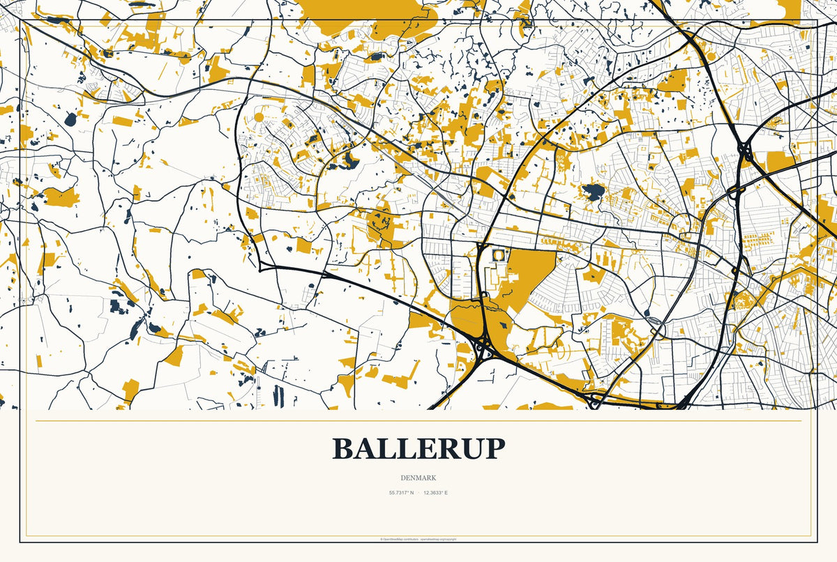 Ballerup, Denmark City Map Aluminum Sign in Citrine Modern style