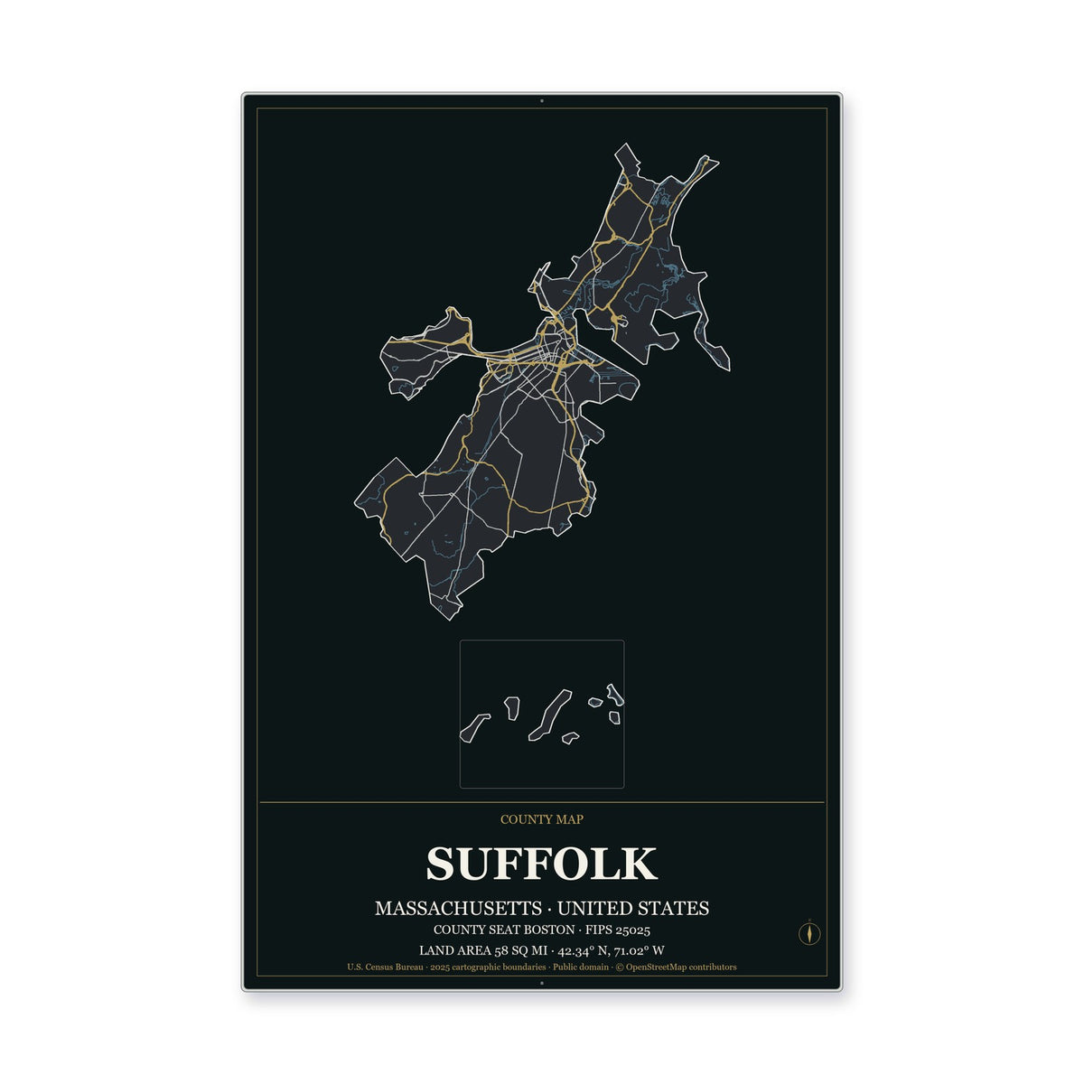 Suffolk County, Massachusetts Map Aluminum Sign in Metropolitan Noir style