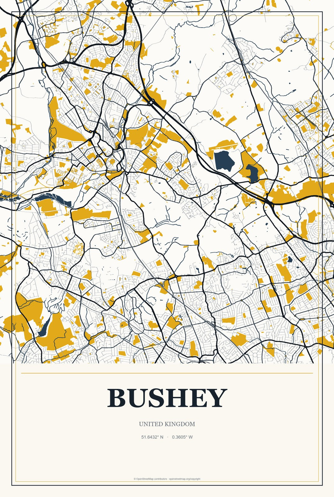 Bushey, United Kingdom City Map Aluminum Sign in Citrine Modern style