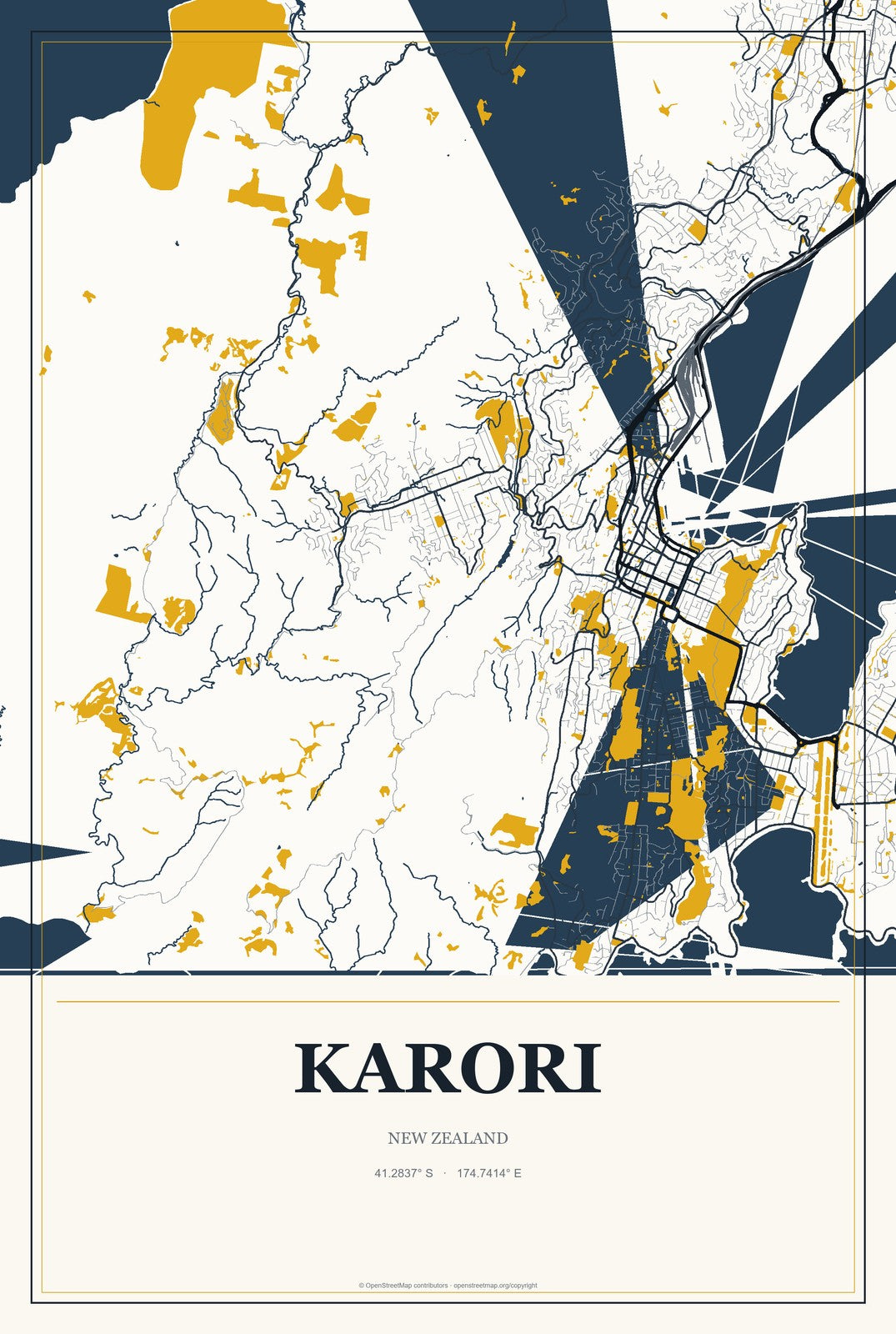 Karori, New Zealand City Map Aluminum Sign in Citrine Modern style