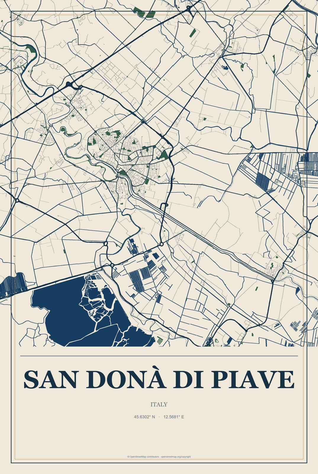 San Donà di Piave, Italy City Map Aluminum Sign in Coastal Cutout style
