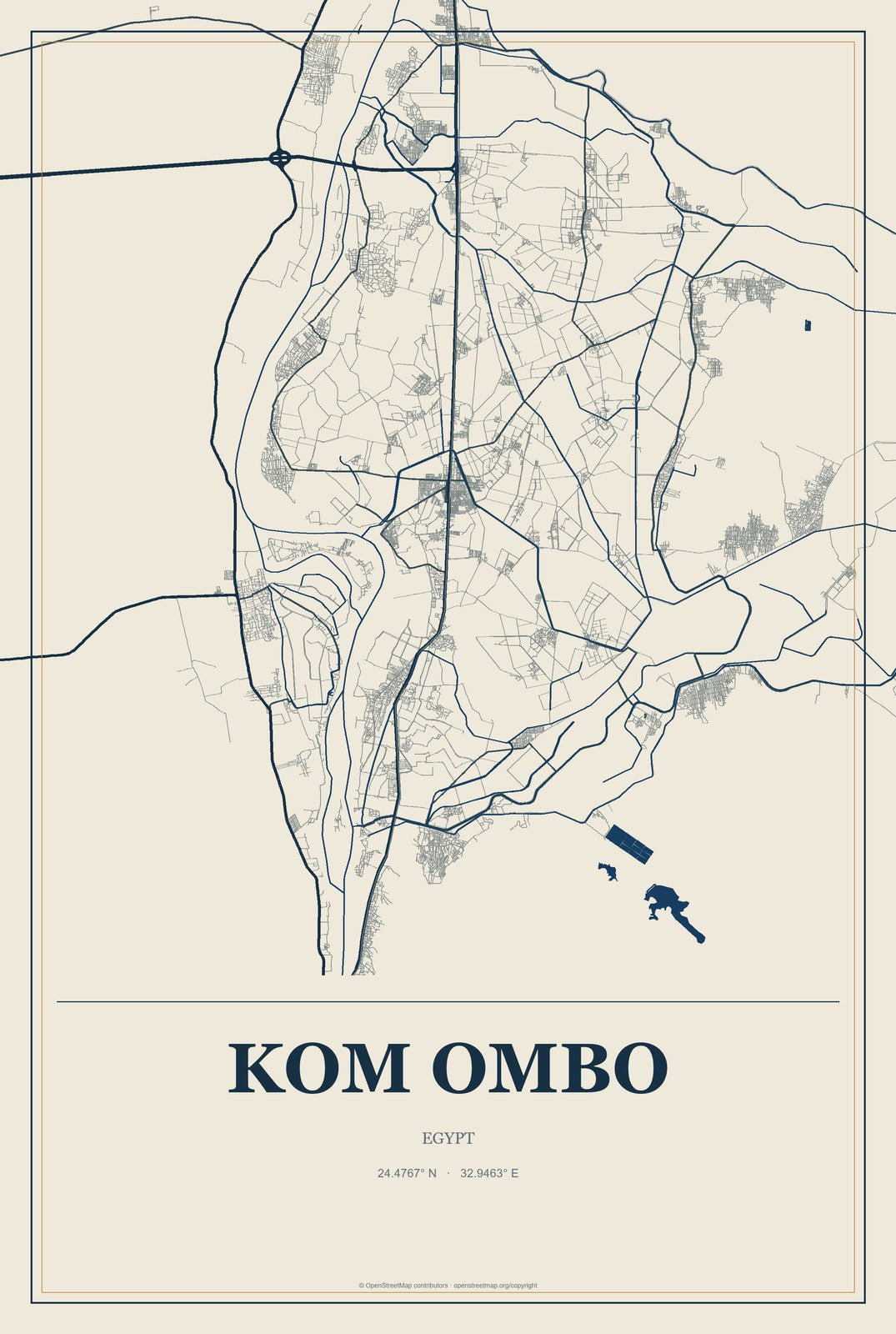 Kom Ombo, Egypt City Map Aluminum Sign in Coastal Cutout style