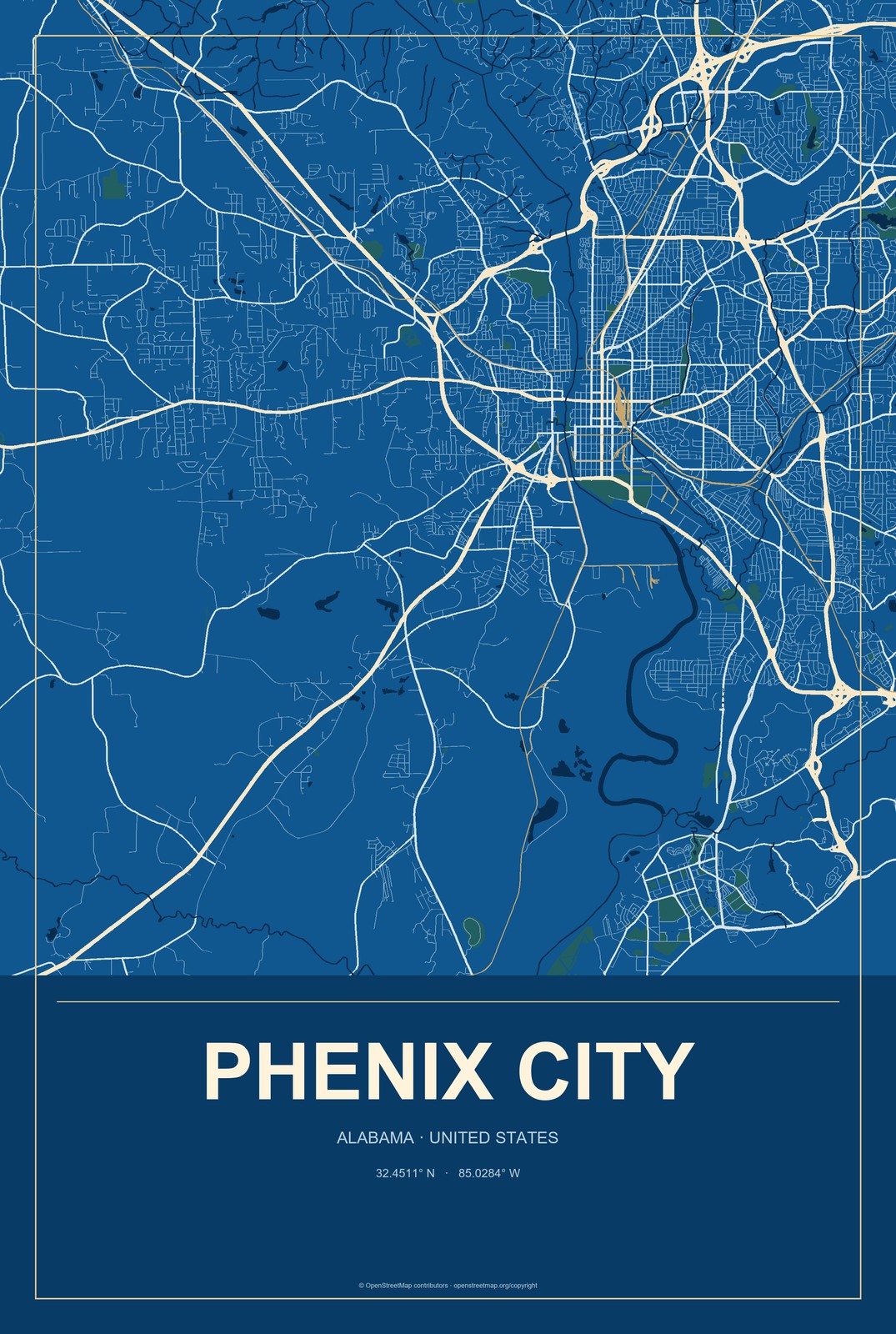 Phenix City, Alabama City Map Aluminum Sign in Harbor Cobalt style
