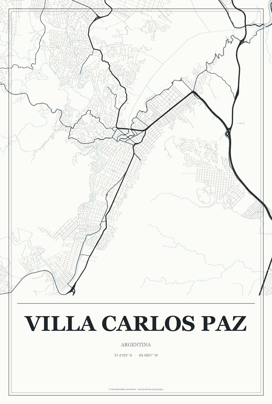 Villa Carlos Paz, Argentina City Map Aluminum Sign in Gallery Air style
