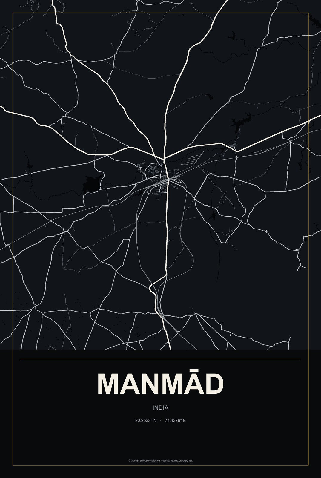 Manmād, India City Map Aluminum Sign in Metropolitan Noir style