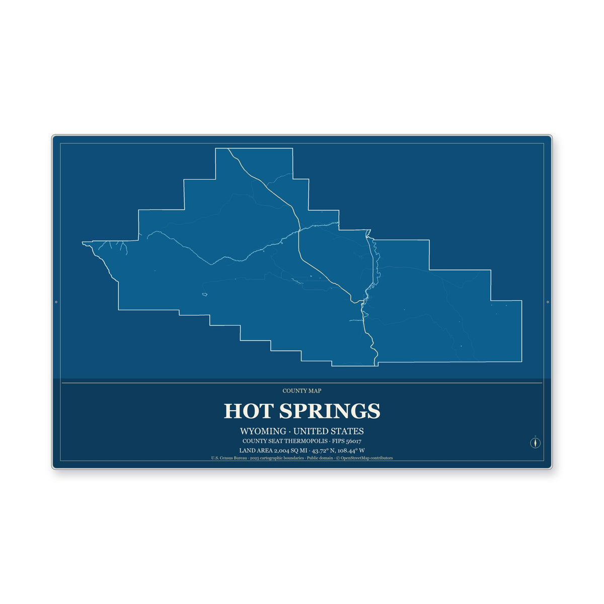 Hot Springs County, Wyoming Map Aluminum Sign in Harbor Cobalt style