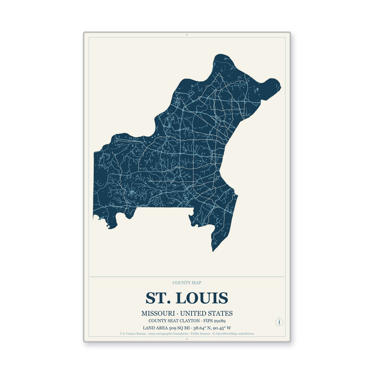 St. Louis County, Missouri Map Aluminum Sign in Coastal Cutout style