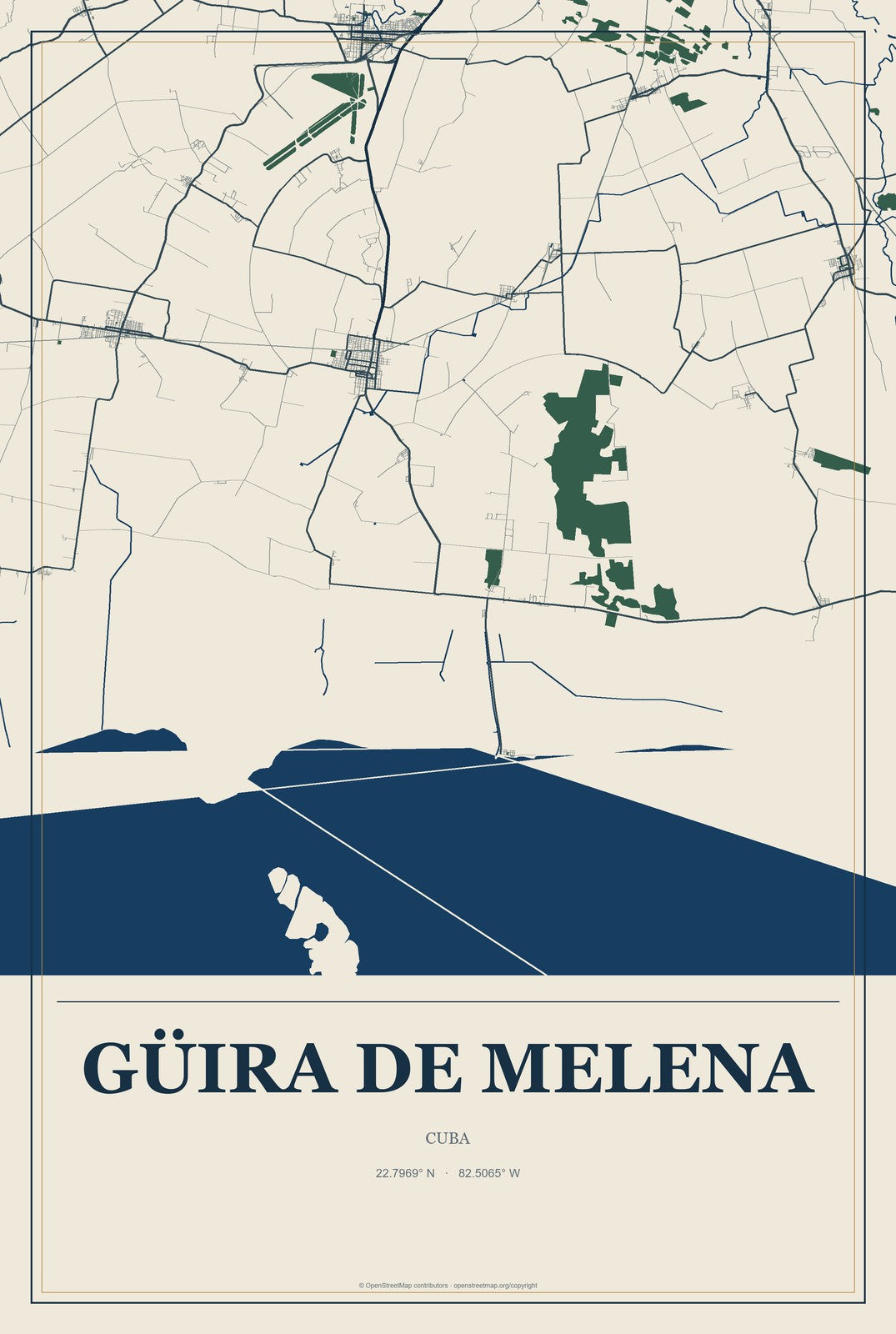 Güira de Melena, Cuba City Map Aluminum Sign in Coastal Cutout style