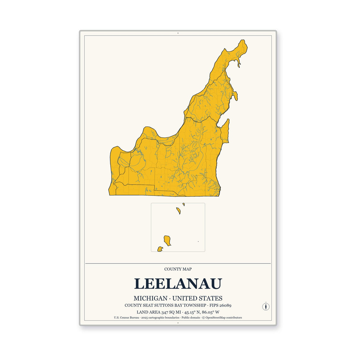 Leelanau County, Michigan Map Aluminum Sign in Citrine Modern style