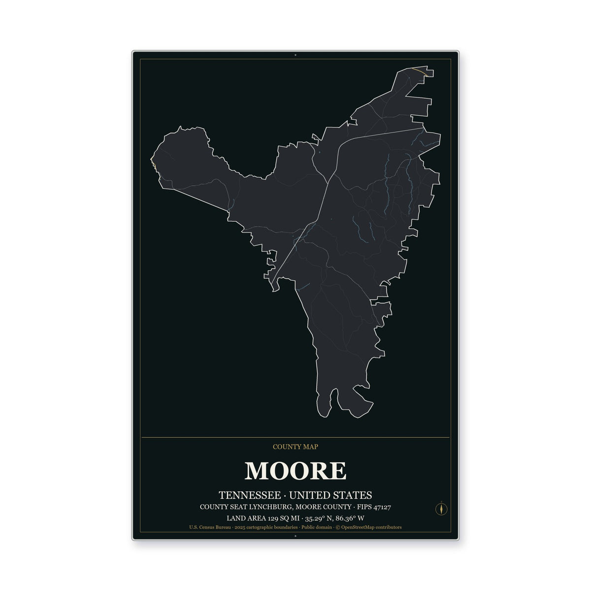 Moore County, Tennessee Map Aluminum Sign in Metropolitan Noir style
