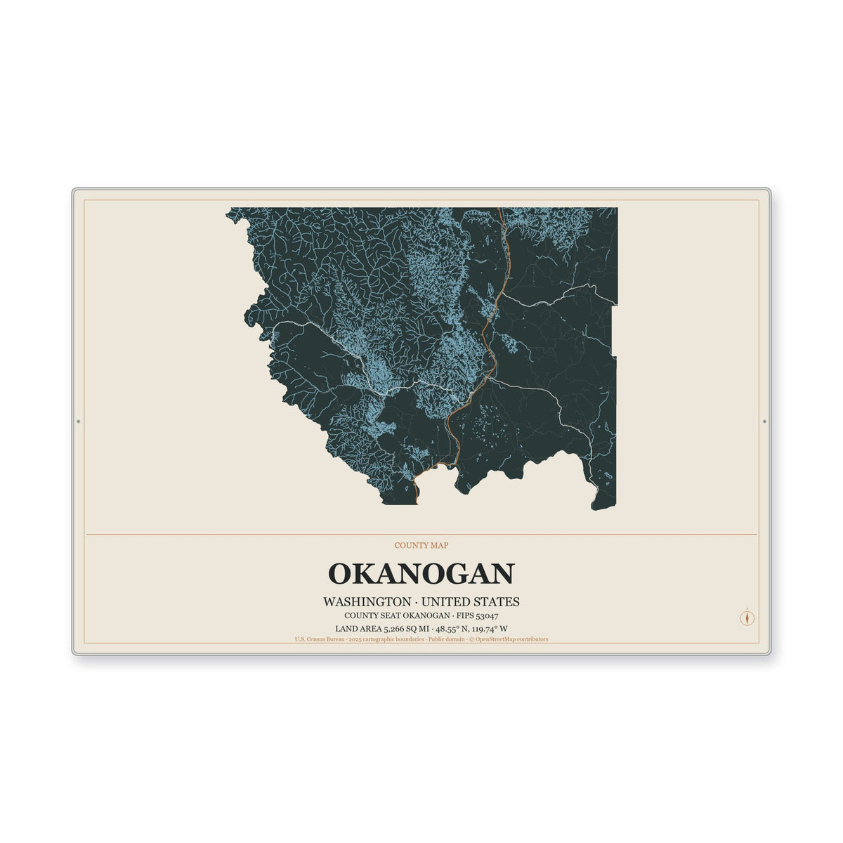 Okanogan County, Washington Map Aluminum Sign in Headline Atlas style