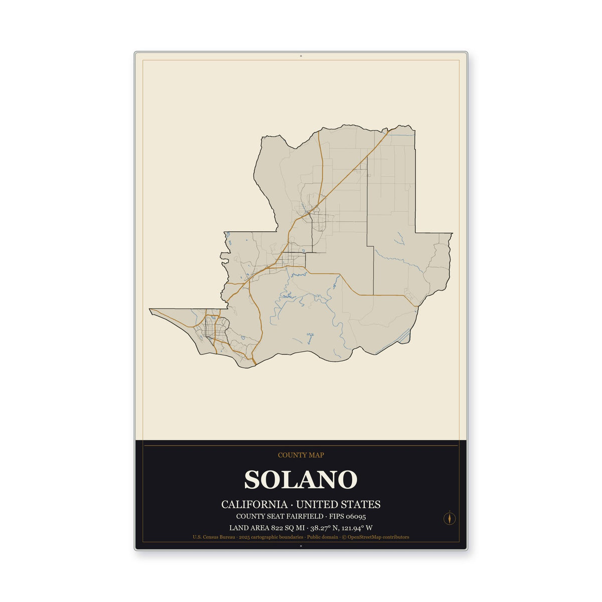 Solano County, California Map Aluminum Sign in Museum Plaque style