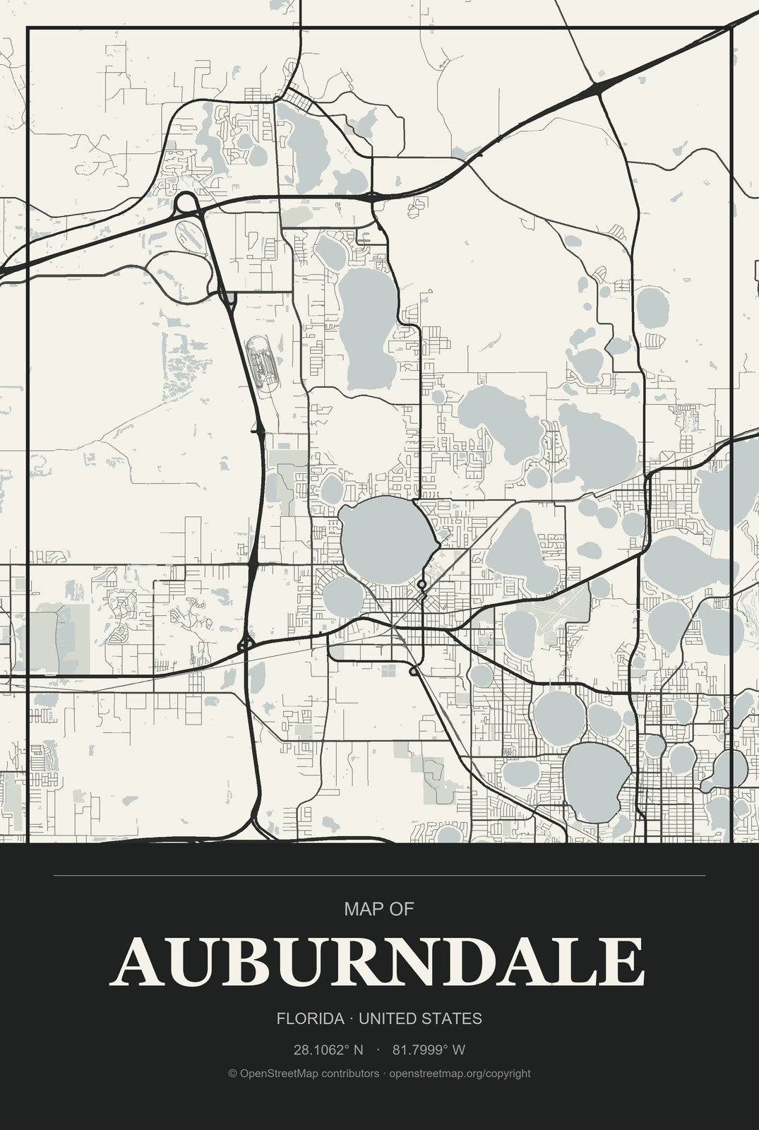 Auburndale, Florida City Map Aluminum Sign in Museum Plaque style
