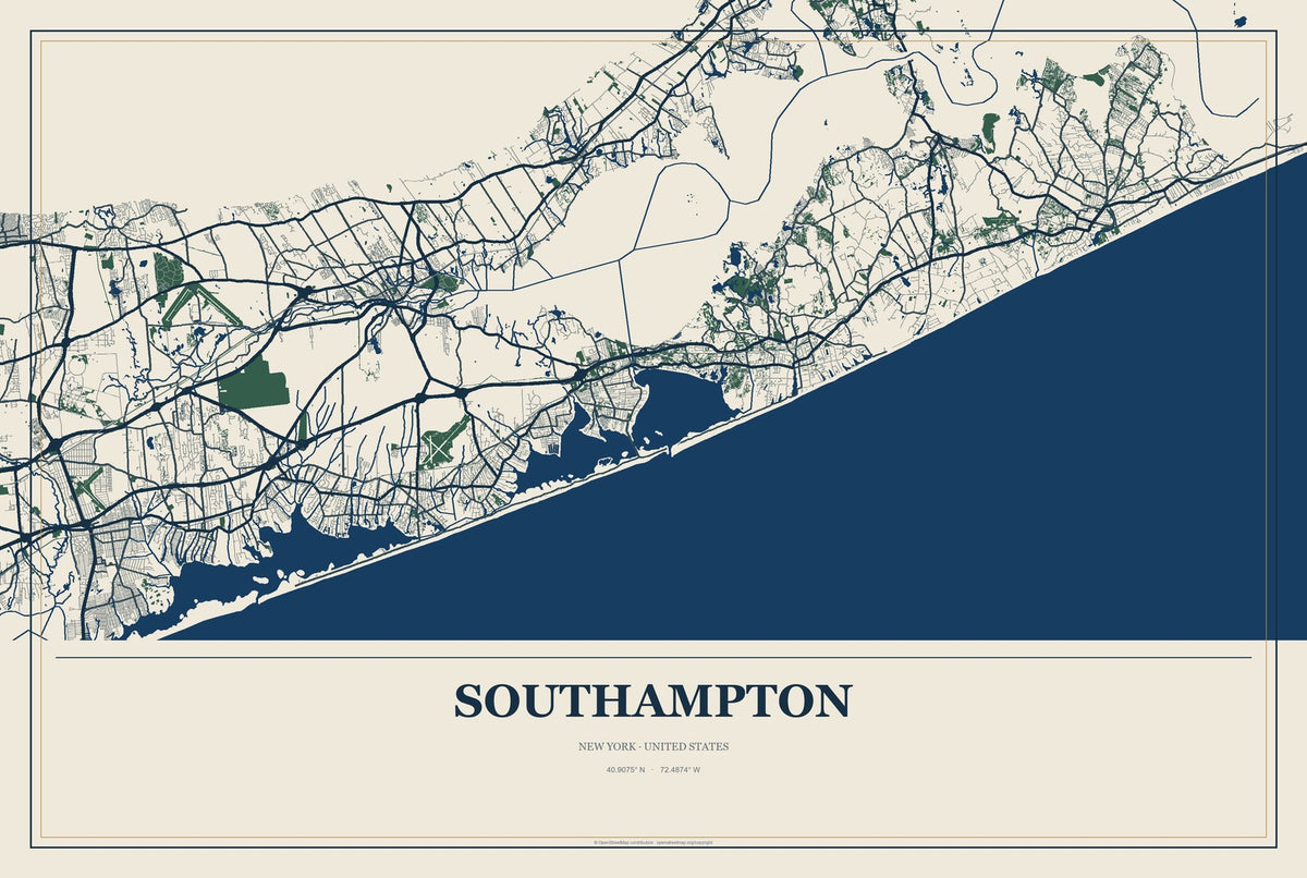 Southampton, New York City Map Aluminum Sign in Coastal Cutout style