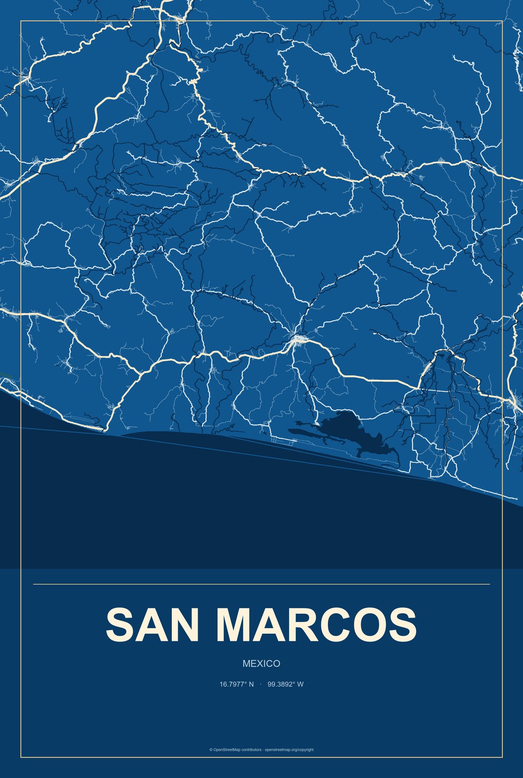 San Marcos, Hidalgo, Mexico City Map Aluminum Sign in Harbor Cobalt style