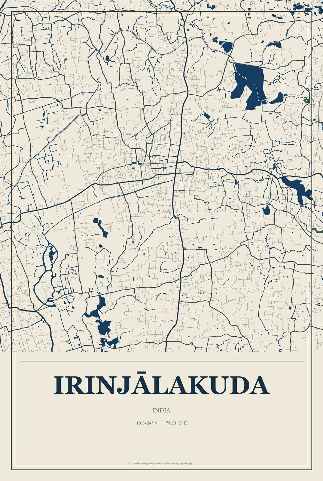 Irinjālakuda, India City Map Aluminum Sign in Coastal Cutout style