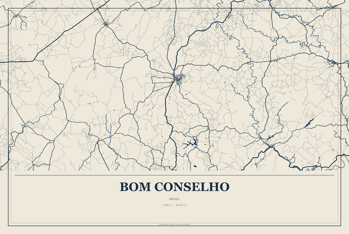 Bom Conselho, Brazil City Map Aluminum Sign in Coastal Cutout style