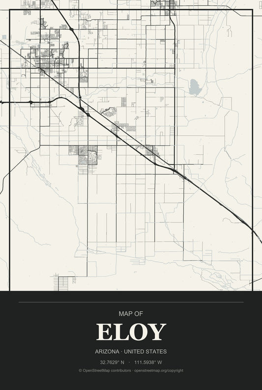 Eloy, Arizona City Map Aluminum Sign in Museum Plaque style