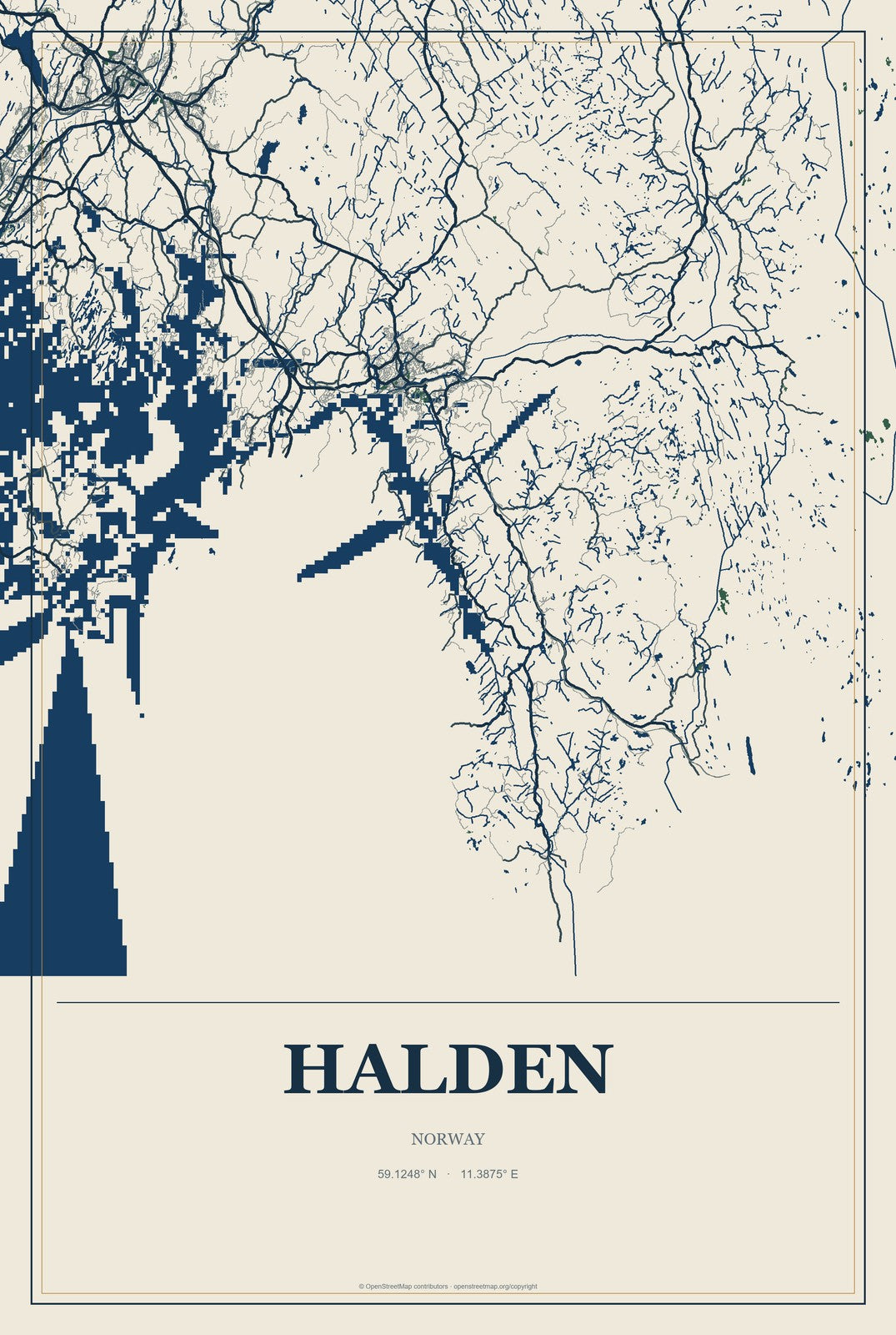 Halden, Norway City Map Aluminum Sign in Coastal Cutout style