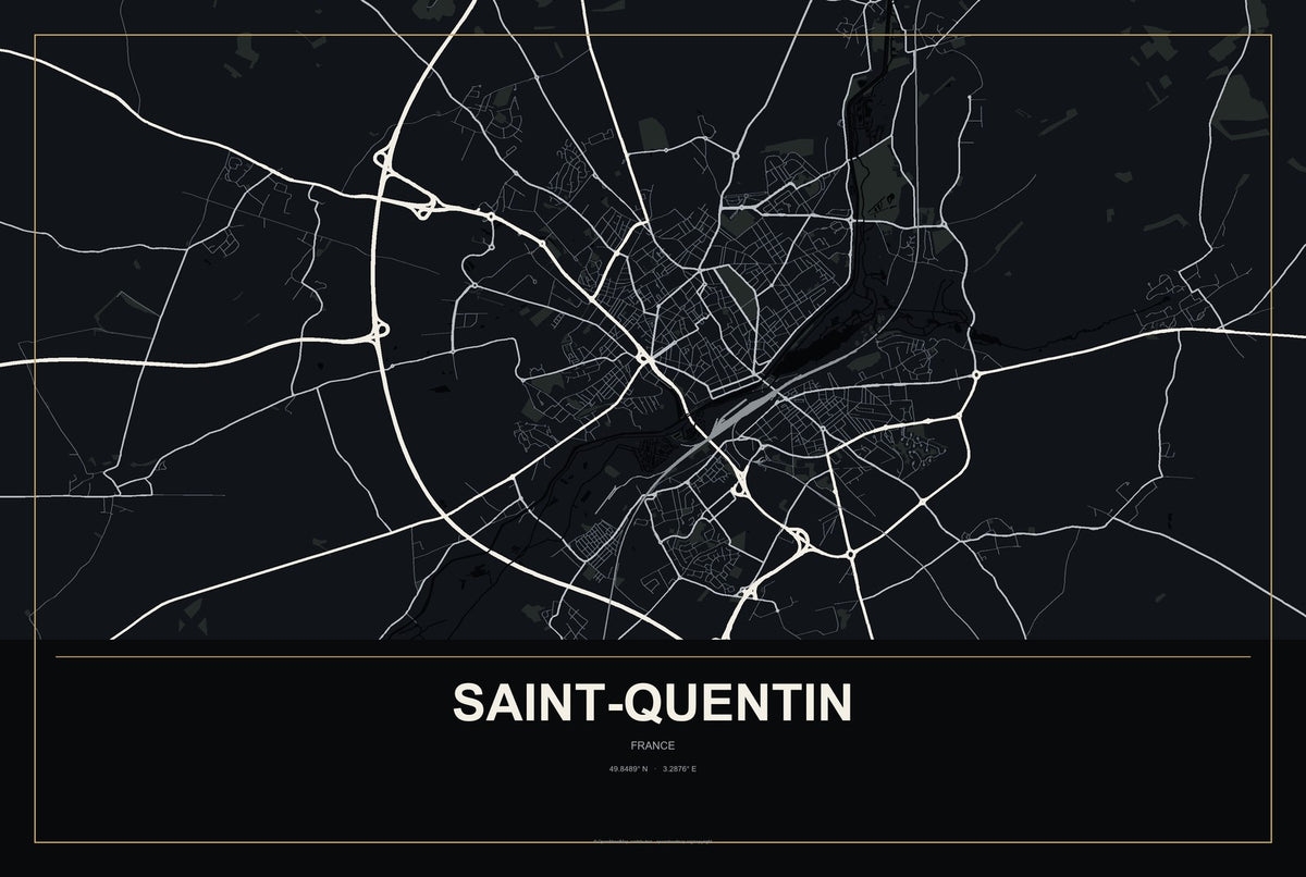 Saint-Quentin, France City Map Aluminum Sign in Metropolitan Noir style