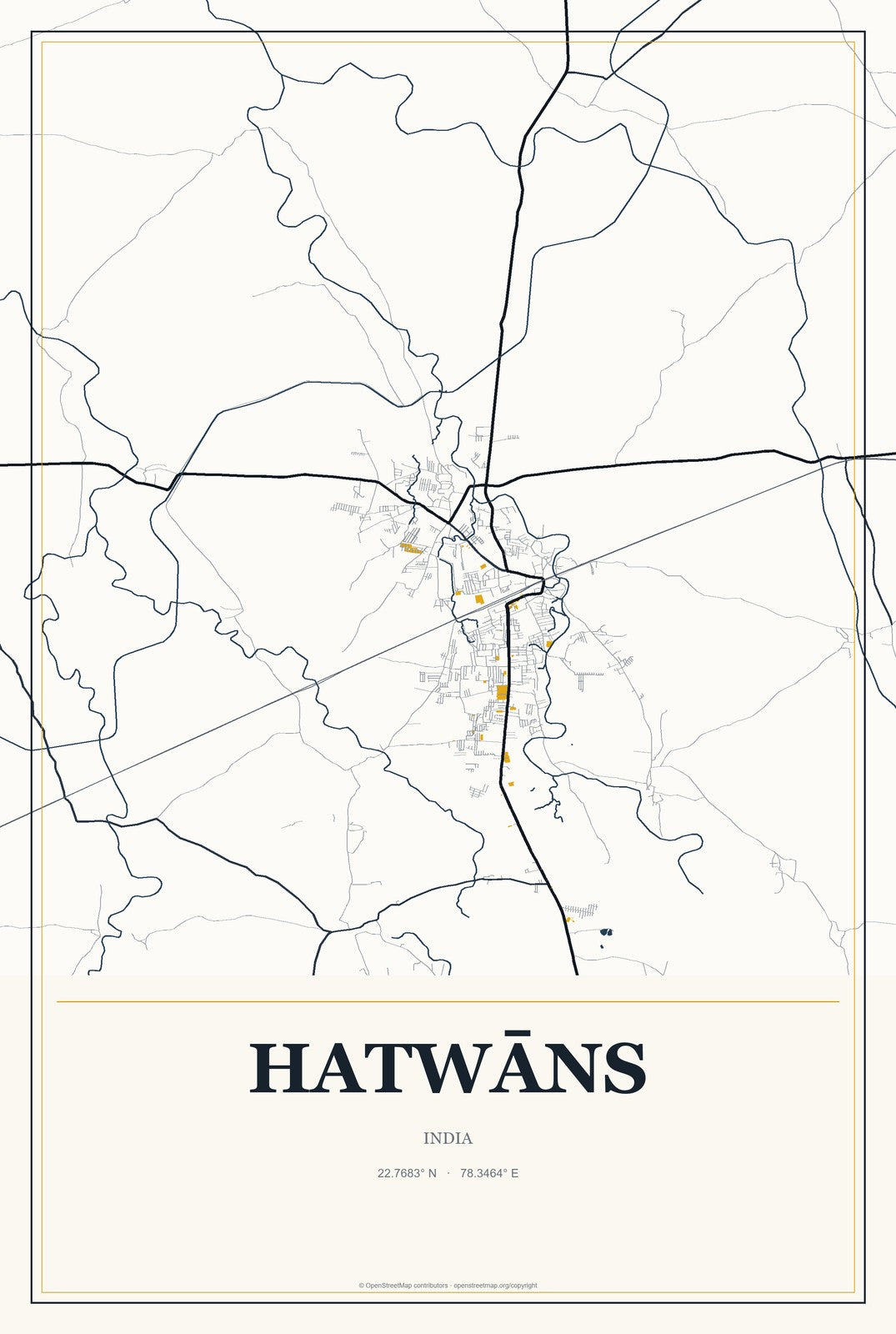 Hatwāns, India City Map Aluminum Sign in Citrine Modern style