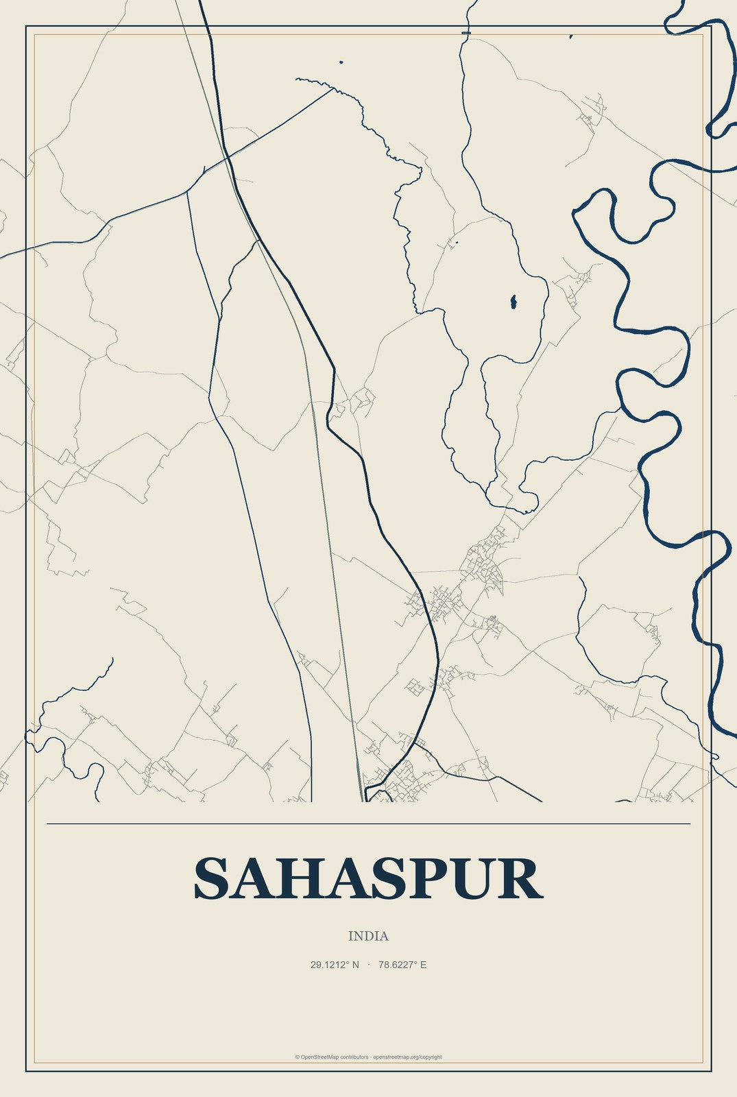 Sahaspur, India City Map Aluminum Sign in Coastal Cutout style