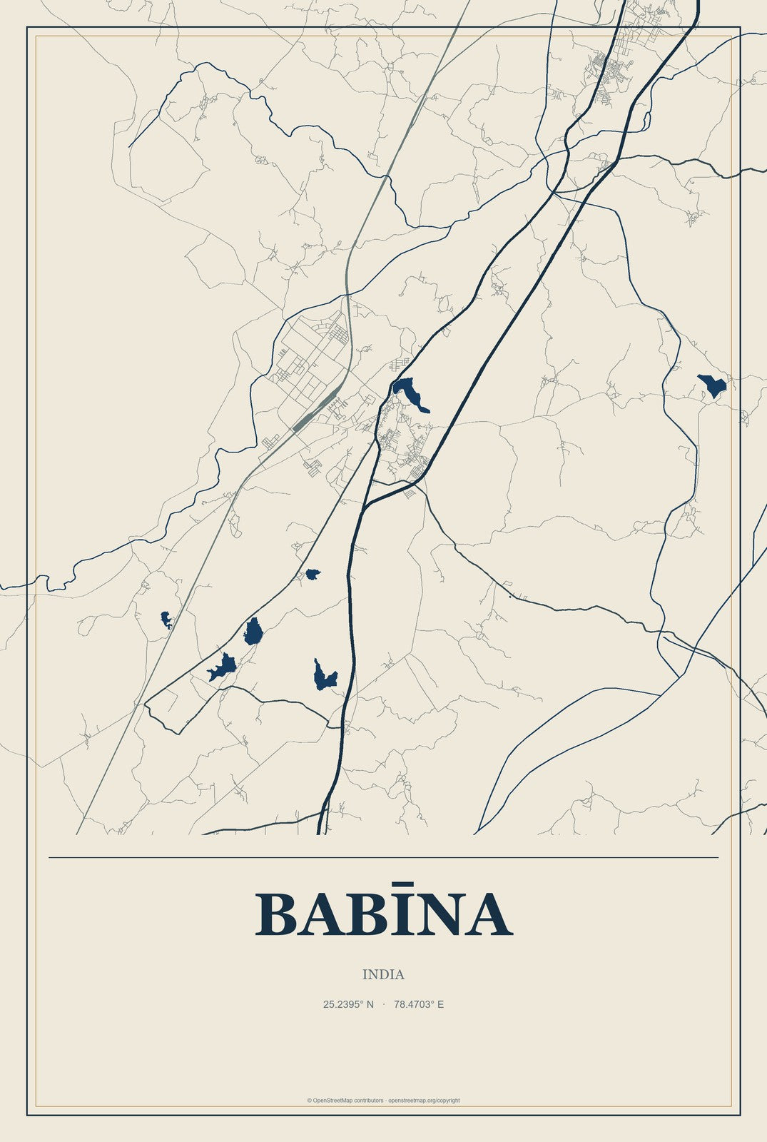 Babīna, India City Map Aluminum Sign in Coastal Cutout style